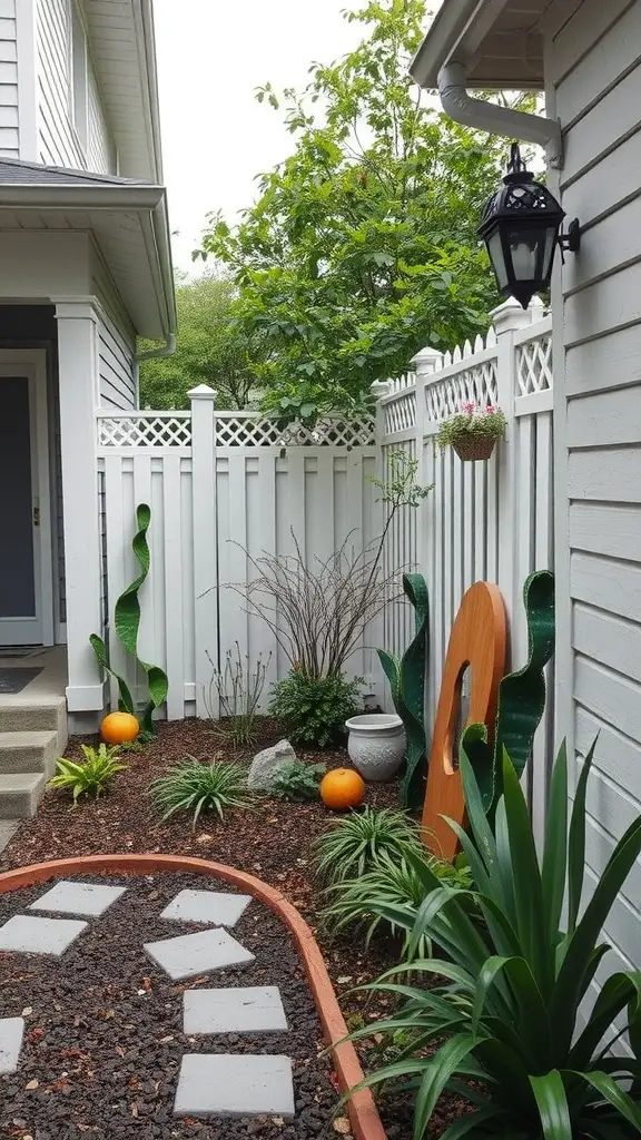 23 Creative Side Yard Landscaping Ideas You’ll Love 8 A side yard featuring decorative white fencing, vibrant plants, and a path of stepping stones.