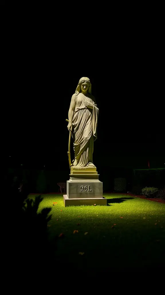 21 Stunning Outdoor Lighting Ideas to Transform Your Space 11 A decorative statue in a garden illuminated by spotlights at night.