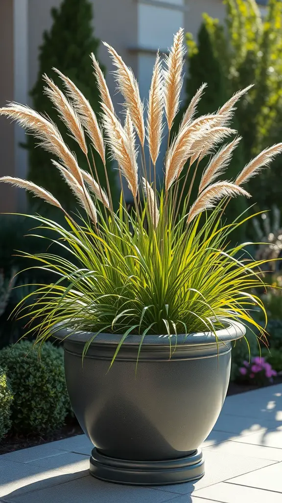 15 Stunning Planter Ideas for Full Sun Gardens 15 A stylish planter with decorative grasses, including tall pampas grass, set in a sunny outdoor space.
