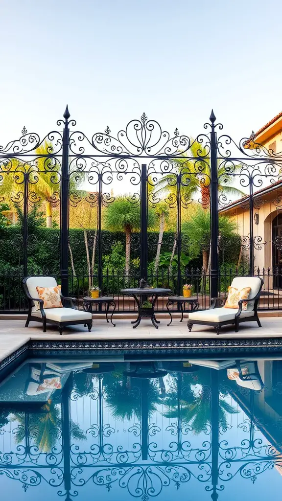 Decorative iron fencing around a pool with lounge chairs and palm trees in the background.