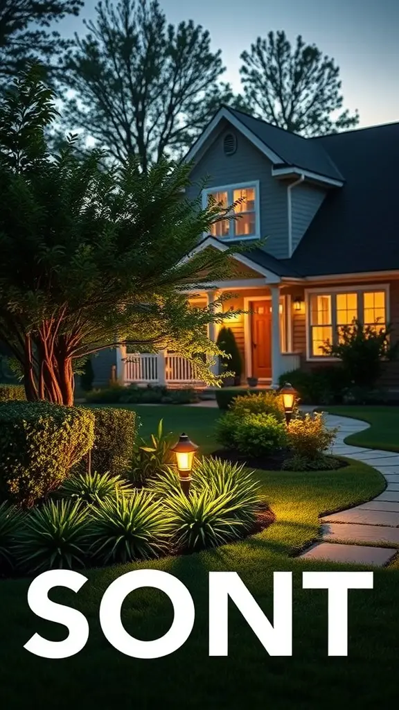 A beautifully lit house with decorative landscape lighting in the front yard.