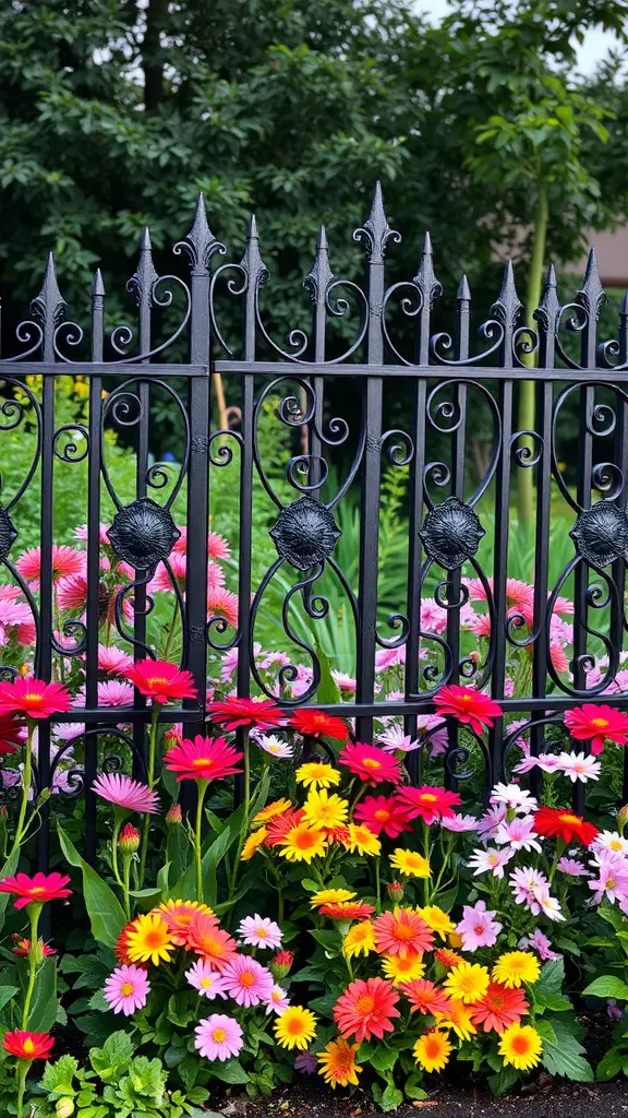 21 Creative Garden Fence Ideas to Transform Your Outdoor Space 5 Decorative black metal fence with intricate design, surrounded by colorful flowers