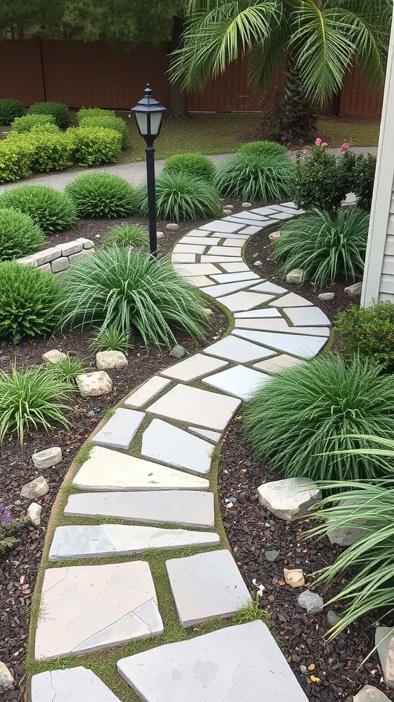 23 Creative Side Yard Landscaping Ideas You’ll Love 10 Curved pathway made of natural stones surrounded by green plants and a lantern