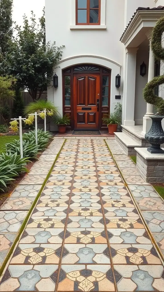 25 Stunning Front Entry Landscaping Ideas for a Welcoming Home 16 Decorative pathway leading to a front door, featuring patterned tiles and surrounding greenery.