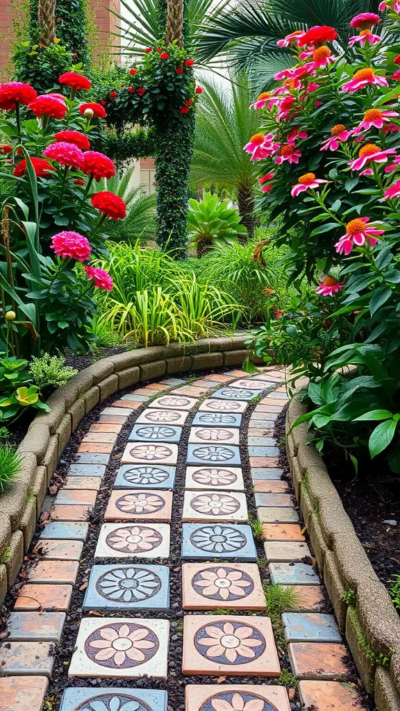 A charming garden pathway made of decorative paving stones with colorful flowers on either side.