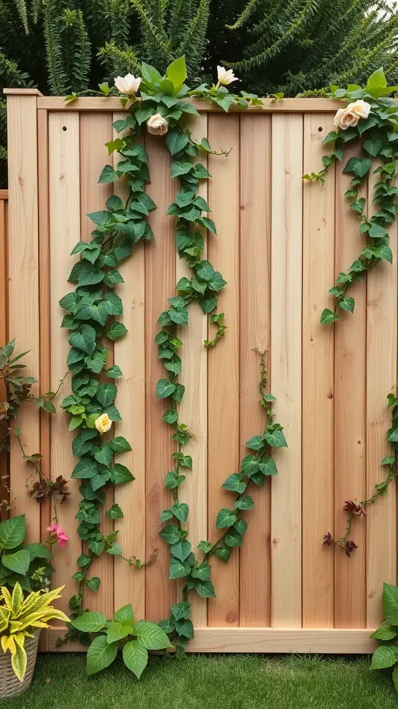 21 Creative Backyard Privacy Ideas to Keep Neighbors at Bay 9 A decorative wooden privacy screen adorned with climbing plants and flowers.