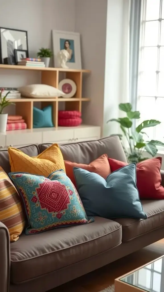 29 Thoughtful Housewarming Gift Ideas Everyone Will Love 12 A cozy couch with colorful decorative throw pillows, including patterned and solid options.