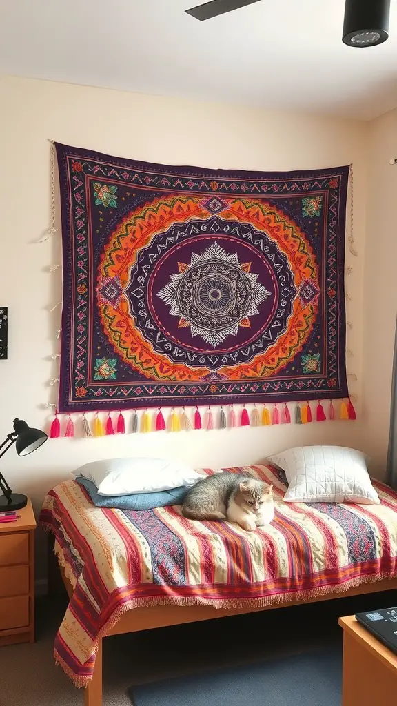 19 Aesthetic Dorm Room Ideas You’ll Love 10 Colorful wall tapestry with intricate design hanging above a bed in a cozy dorm room, with a cat resting on the bed.