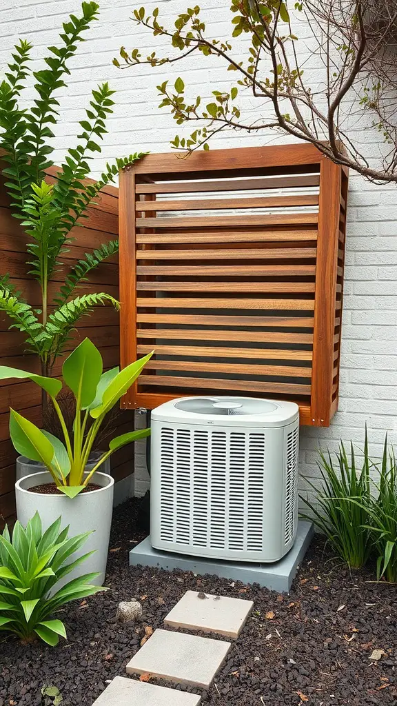15 Creative Outdoor Ideas for AC Unit Covers 8 A decorative wooden slat cover for an outdoor AC unit surrounded by plants and landscaping.