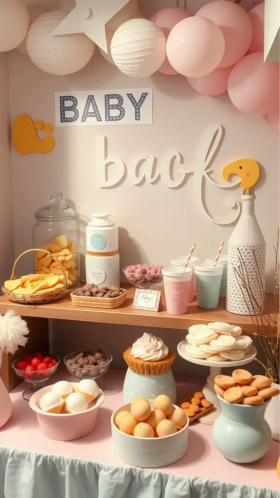 27 Creative Baby Shower Ideas for an August Celebration 7 A beautifully arranged snack and dessert bar for a baby shower, featuring various treats, pastel colors, and a festive atmosphere.