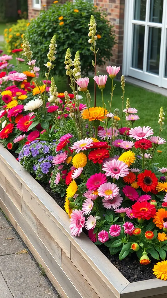 13 Beautiful Raised Flower Bed Ideas for Your Front Yard 6 A vibrant raised flower bed filled with colorful flowers in front of a house.