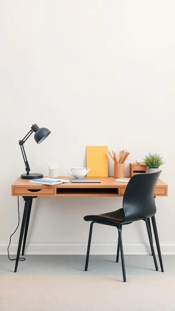 21 Cozy Home Office Ideas for a Productive and Inviting Workspace 5 A minimalist home office setup with a wooden desk, black chair, and essential office supplies.