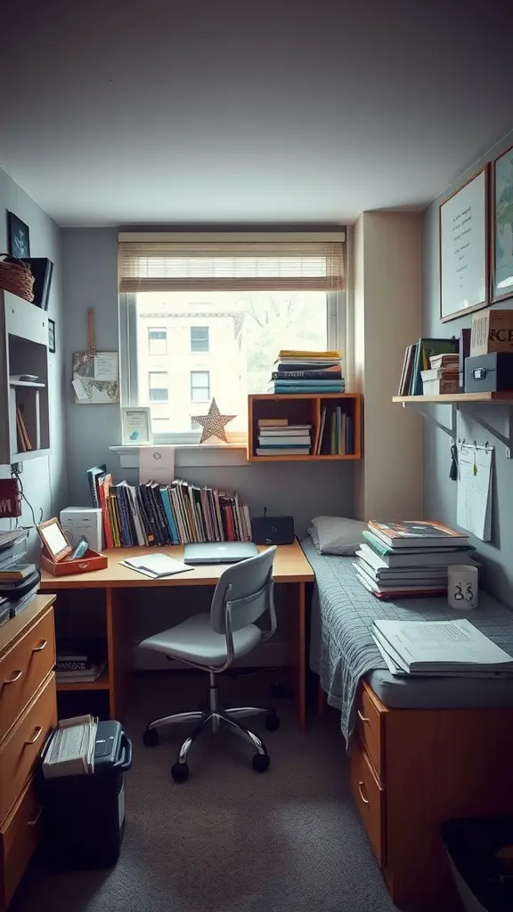 17 Creative Single Dorm Room Ideas You’ll Love 5 A cozy dorm study area featuring a desk with a computer, bookshelves filled with books, and a comfortable bed.