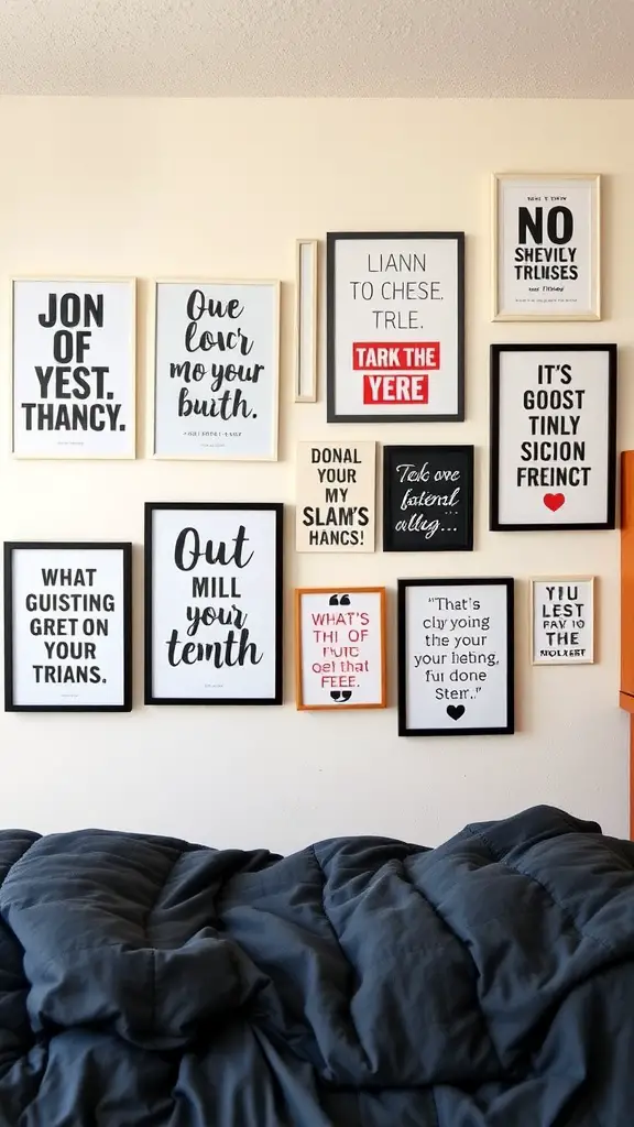 21 Creative Dorm Room Inspiration Ideas for College Students 12 A collection of framed inspirational quotes on a wall, with a bed and comforter in the foreground.