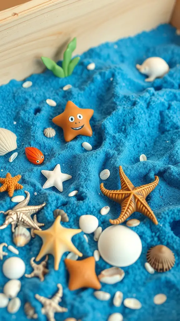 21 Creative Sandbox Ideas for Endless Outdoor Fun 2 A sand box with blue sand and various sea-themed toys including starfish and shells.