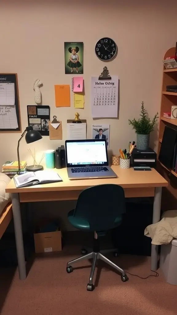 19 Creative Small Dorm Room Ideas to Maximize Your Space 7 A small desk setup in a dorm room featuring a laptop, books, a lamp, and organized stationery, along with a calendar and decorations on the wall.