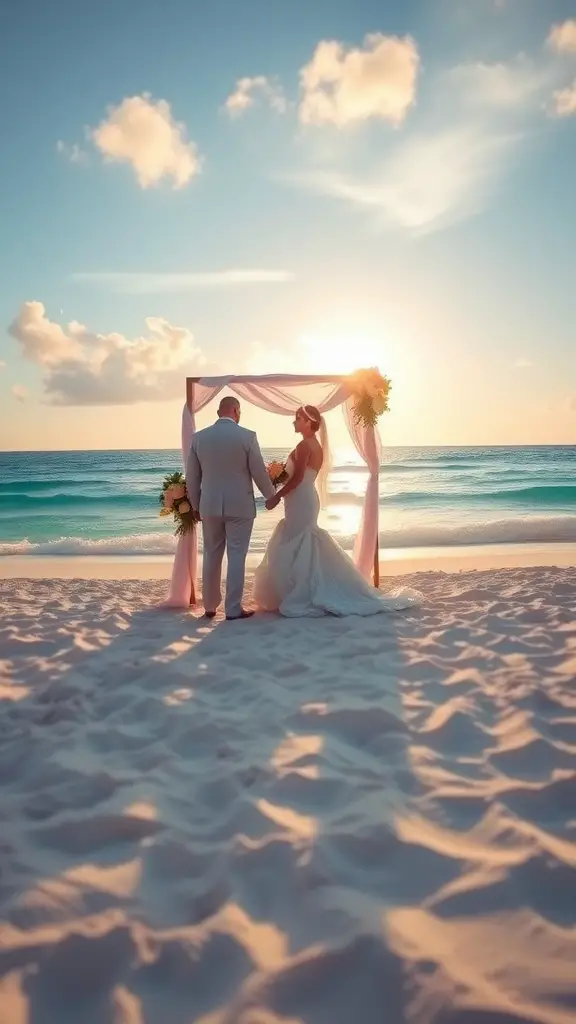 23 Exciting Future Wedding Trends to Inspire Your Big Day 5 A couple standing on a beach during their wedding ceremony, with a beautiful sunset in the background