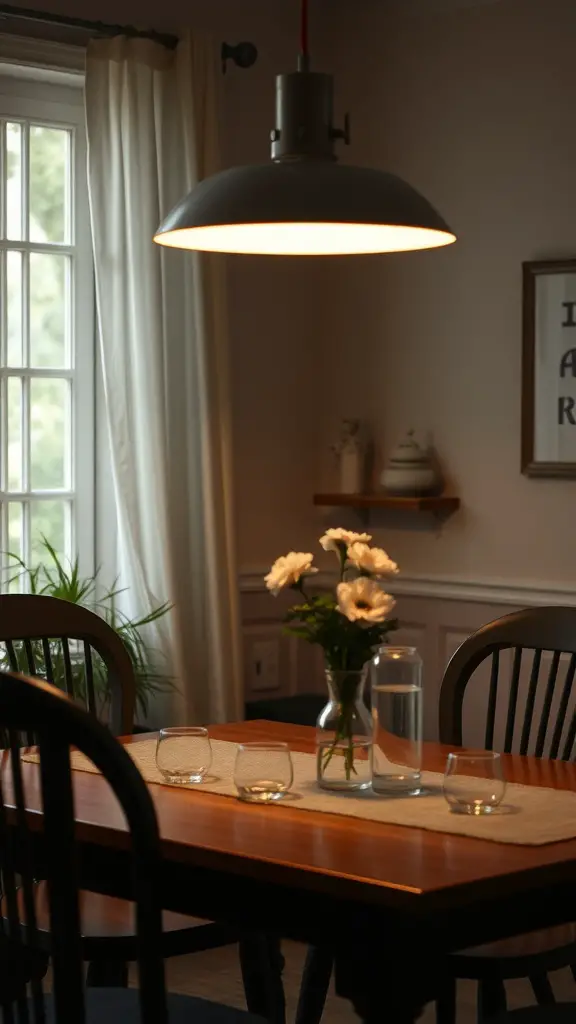 13 Stunning Dining Room Lighting Ideas to Transform Your Space 9 A dining room with a warm overhead light and a simple table arrangement featuring flowers.