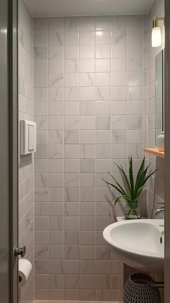 21 Small Bathroom Lighting Ideas to Brighten Your Space 17 A small, modern bathroom with marble-patterned tiles, a round sink, and a plant, showcasing a bright and inviting space.