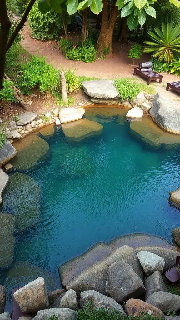 17 Stunning Natural Pool Ideas for Your Backyard Escape 15 A natural pool surrounded by rocks and lush greenery, featuring a serene atmosphere for swimming and relaxation.