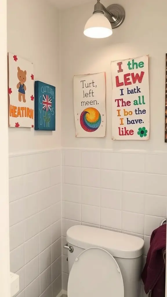 19 Creative Dorm Bathroom Ideas for a Stylish Space 14 Colorful DIY artwork displayed on the wall of a dorm bathroom