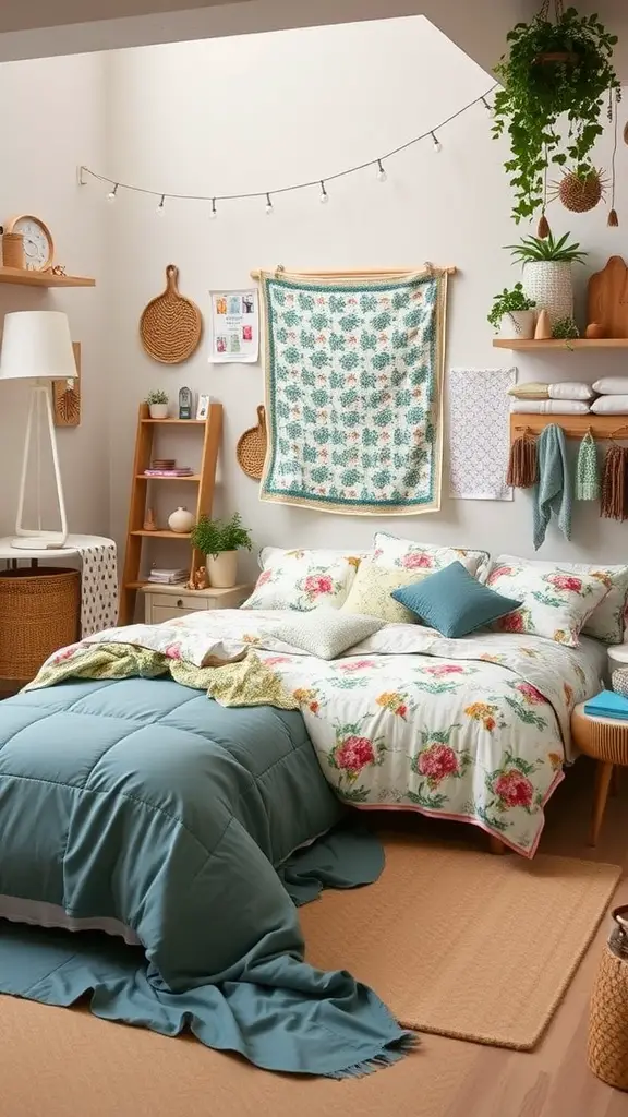 23 Trendy Dorm Bedding Ideas for a Stylish Space 14 A cozy dorm room with floral bedding, a teal blanket, and decorative elements.