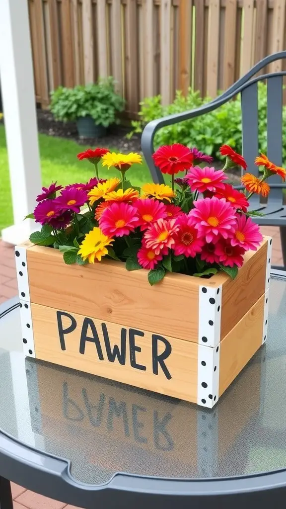 17 Creative Cedar Planter Box Ideas for Your Garden 9 A DIY cedar planter box filled with colorful flowers, featuring the word 'PAWER' painted on the side.