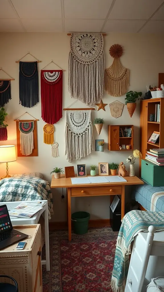21 Creative Dorm Room Inspiration Ideas for College Students 4 Cozy college dorm room with macramé wall hangings, a wooden desk, and personal decor items.