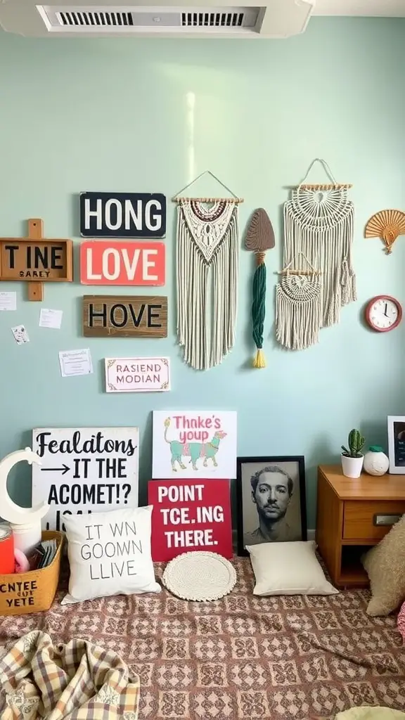 23 Creative Triple Dorm Room Ideas to Maximize Space and Style 13 A colorful dorm room wall decorated with signs and macrame, showcasing DIY decor ideas for a cozy atmosphere.