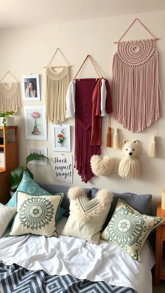 17 Creative Single Dorm Room Ideas You’ll Love 12 A cozy dorm room with a bed adorned with decorative pillows and a wall displaying various macramé art and framed pictures.