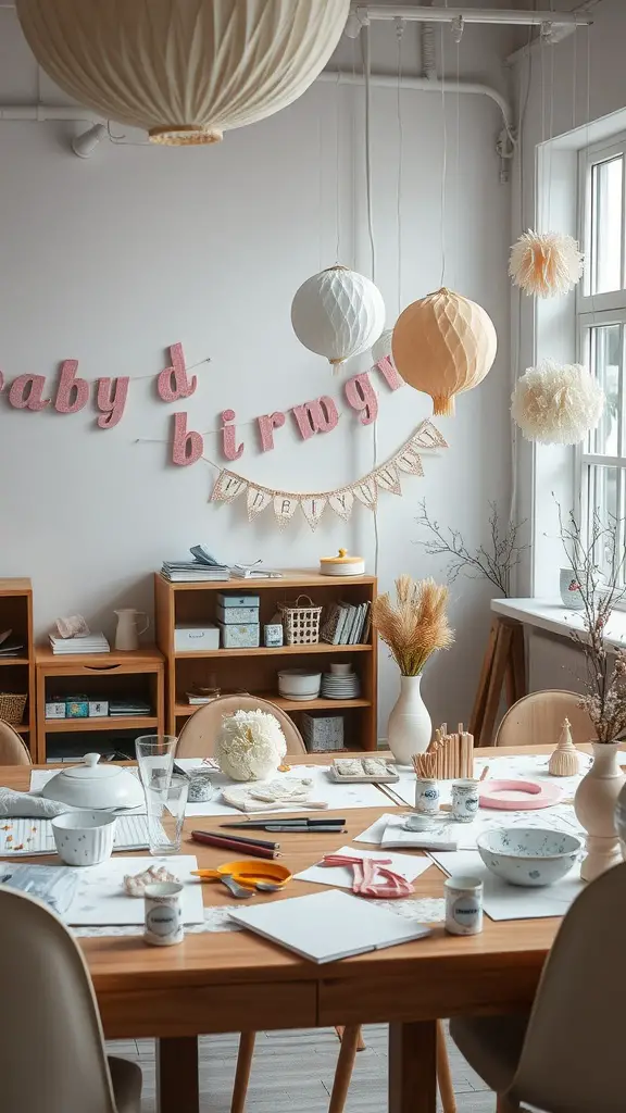 29 Creative Baby Shower Ideas for May Celebrations 13 A decorated room for a baby shower with DIY supplies on a table and paper lanterns hanging from the ceiling.