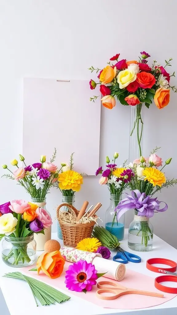 19 Creative Summer Baby Shower Ideas to Celebrate the Mom-to-Be 6 A table with colorful flowers, scissors, and crafting supplies for making DIY flower crowns.