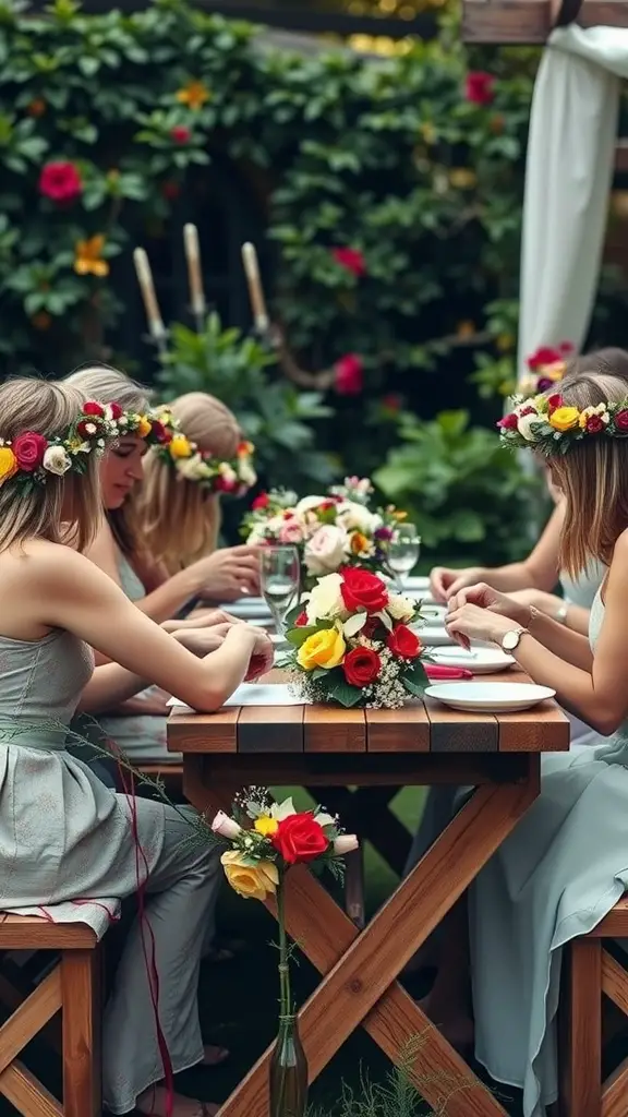 23 Adorable Garden Baby Shower Ideas You Need to Try 5 Guests making flower crowns at a garden baby shower