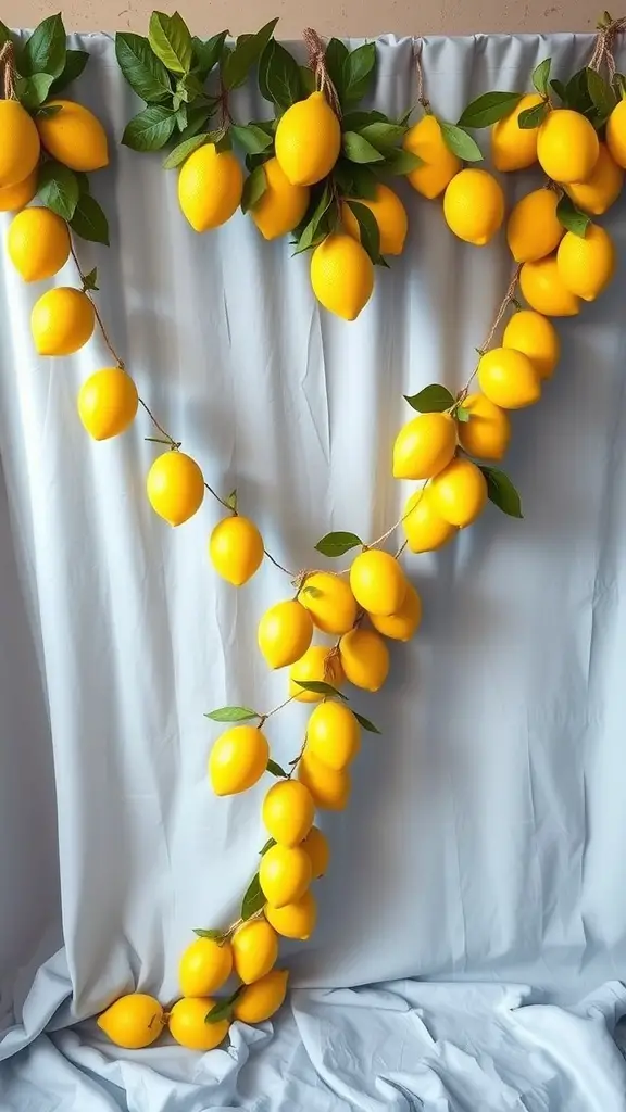 25 Creative Lemon Decor Ideas for Your Home 10 A decorative garland made of bright yellow lemons and green leaves hanging against a light backdrop