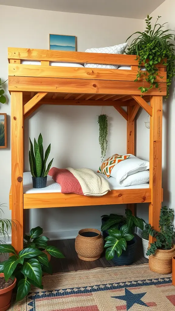 21 Creative Lofted Dorm Bed Ideas for Small Spaces 10 A wooden lofted bed with plants underneath, featuring cozy bedding on top.