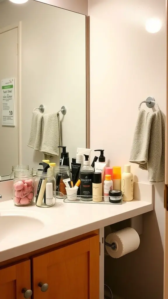 23 Creative College Bathroom Decor Ideas for a Stylish Space 2 An organized bathroom countertop featuring mason jars filled with bath bombs and beauty products.