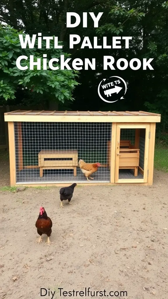 21 Creative Pallet Chicken Coop Ideas You’ll Love 5 A DIY pallet chicken coop with a run, featuring chickens inside and outside the coop.