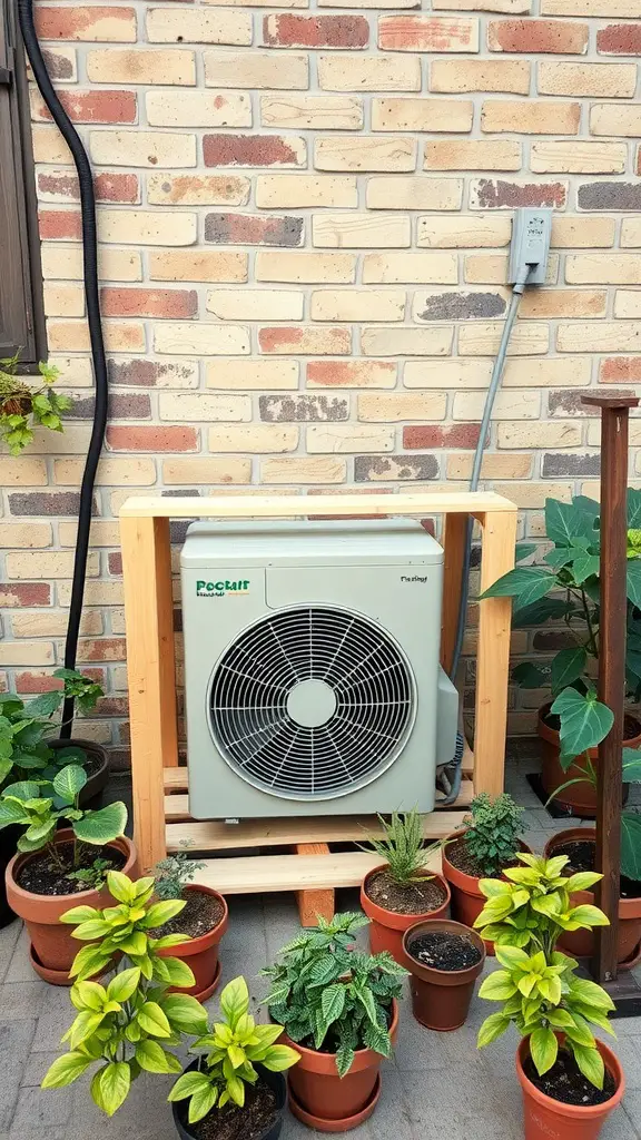 15 Creative Outdoor Ideas for AC Unit Covers 7 DIY pallet enclosure for an outdoor AC unit surrounded by potted plants