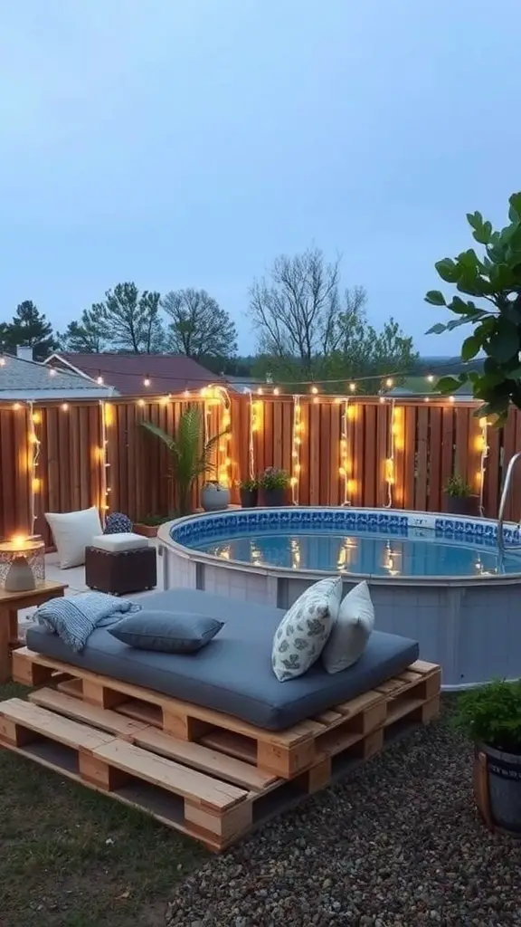 15 Budget-Friendly DIY Ideas for Above Ground Pools 9 DIY pallet lounge area by an above ground pool with cushions and string lights