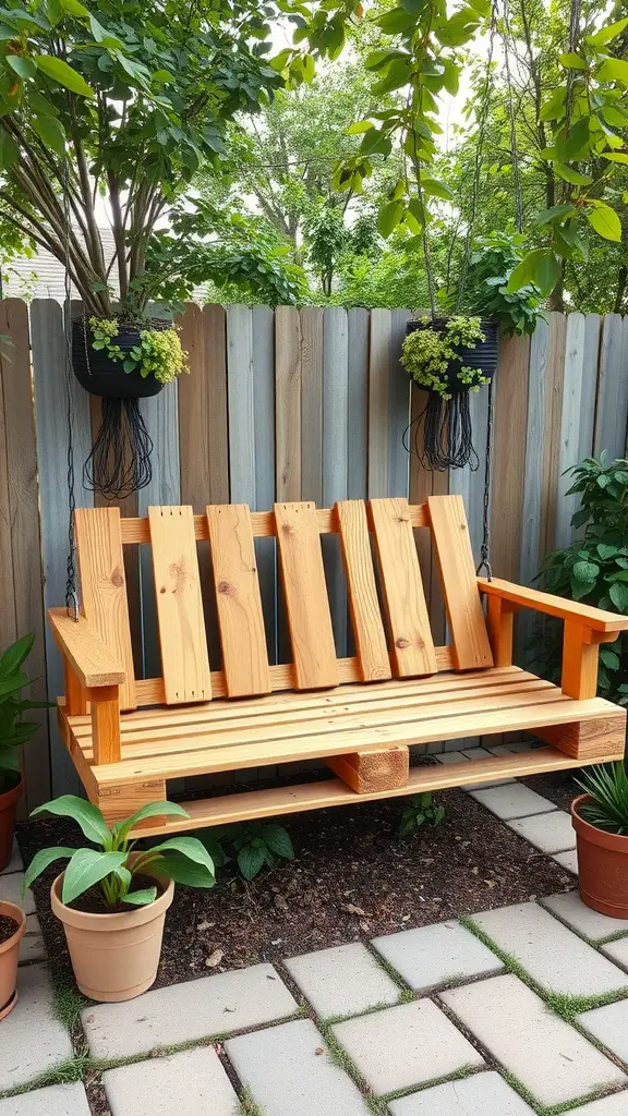 27 Creative Outdoor Swing Ideas for Your Backyard Bliss 7 A wooden pallet swing bench hanging in a garden surrounded by greenery and potted plants.