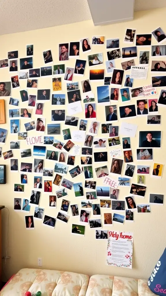 19 Stylish Dorm Room Ideas for Guys 5 A wall filled with a collage of photos, showcasing various moments and memories, with a cozy couch in front.