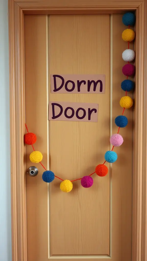 21 Creative Dorm Door Decoration Ideas for a Personal Touch 9 A dorm door decorated with a colorful pom-pom garland, featuring bright yarn balls in various colors.