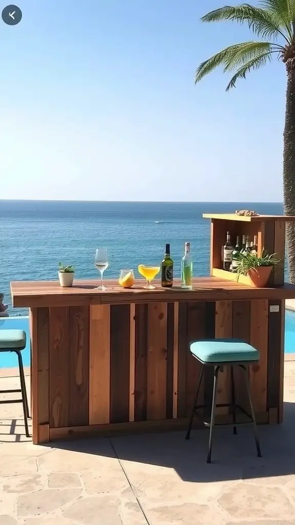 15 Budget-Friendly DIY Ideas for Above Ground Pools 2 A stylish poolside bar made from reclaimed wood, with drinks and a view of the ocean.