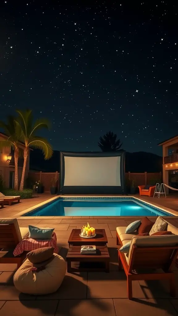 15 Creative DIY Pool Ideas to Transform Your Backyard 14 A cozy poolside setup featuring a large movie screen, comfortable seating, and a serene evening atmosphere.