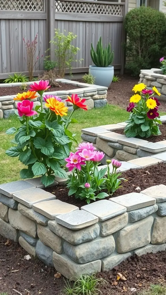25 Beautiful Raised Flower Bed Ideas for Your Front House 14 Colorful flowers blooming in stone raised flower beds in front of a house.