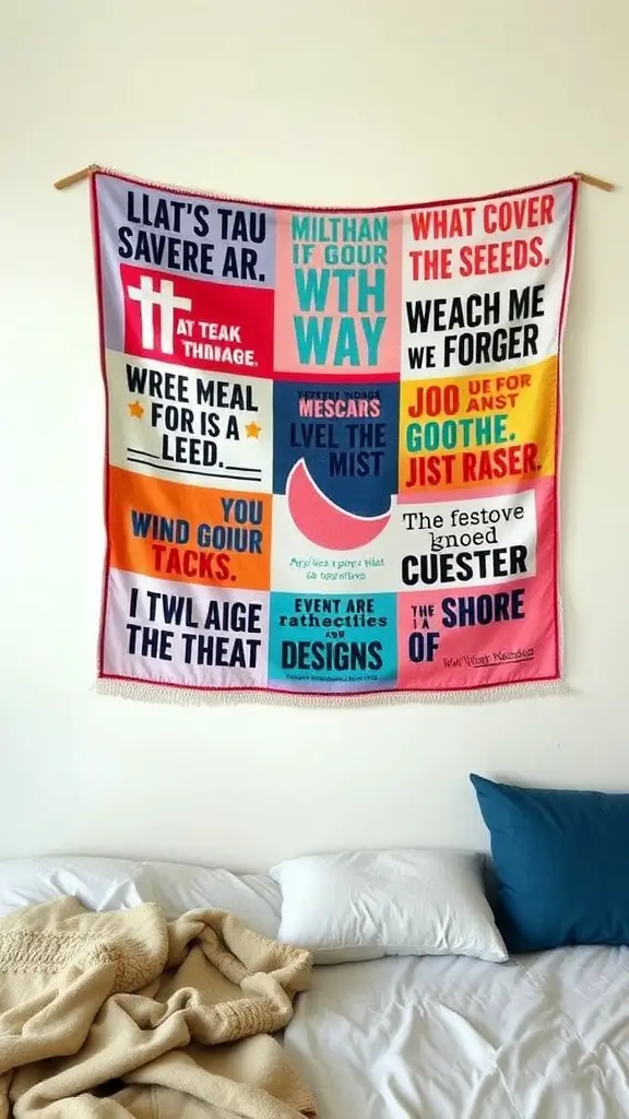 19 Creative Dorm Wall Decor Ideas to Personalize Your Space 4 A colorful DIY tapestry with various inspirational quotes, hanging on a wall above a bed.