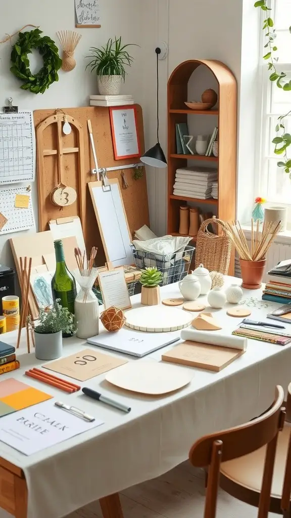 23 Exciting Future Wedding Trends to Inspire Your Big Day 13 A cozy workspace with various DIY materials for wedding decor including plants, stationery, and craft supplies.