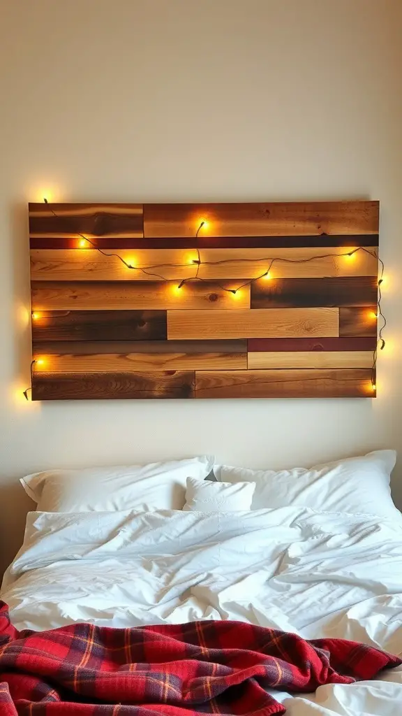 17 Creative Dorm Headboard Ideas to Transform Your Space 8 A DIY wooden pallet headboard adorned with string lights above a bed with a red plaid blanket.