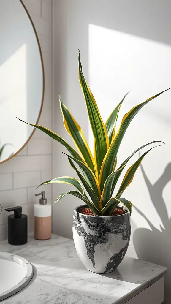 15 Stunning Bathroom Plants that Thrive in Low Light 12 Dracaena Marginata in a marbled pot placed on a bathroom countertop