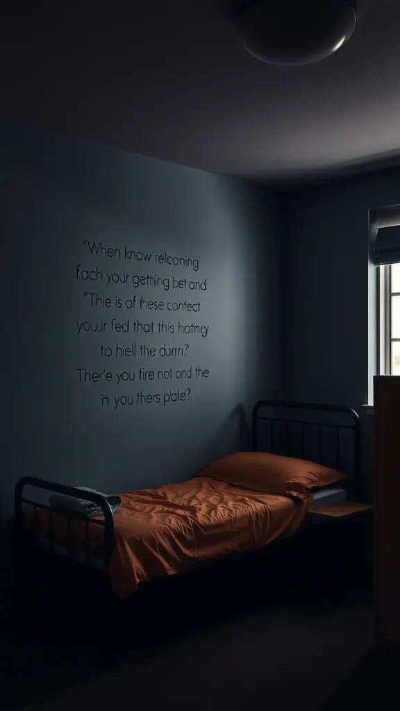 25 Dark Dorm Room Aesthetic Ideas for a Cozy and Chic Vibe 7 A dark-painted dorm room with a black bed frame, orange bedding, and a quote on the wall.